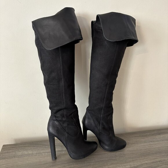AllSaints Black Thigh High Heel Over Knee Leather Boots - Picture 5 of 9
